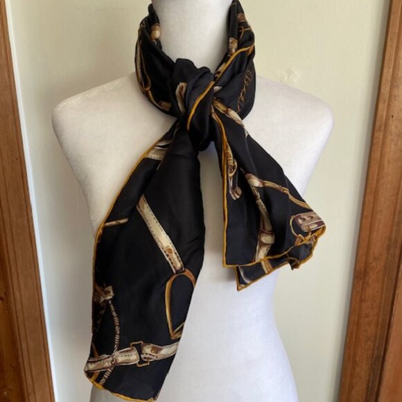 TALBOTS Vintage Silk Scarf Equestrian Print Oblong Black, Brown, Gold - Picture 6 of 14